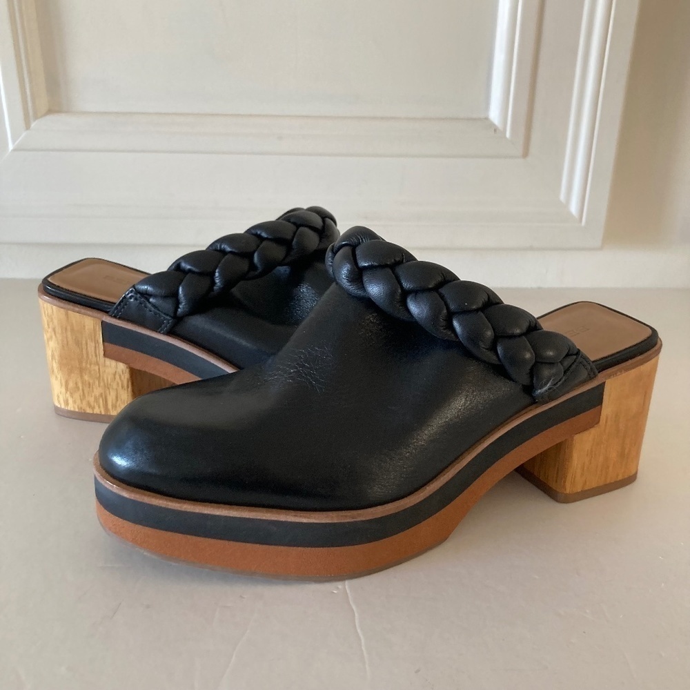 NWOT Bernardo Anthropologie Saffia Black Leather Braided Clogs Sz 8